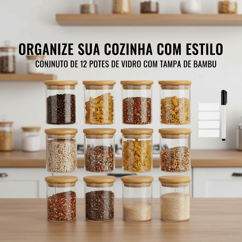 Belifou Kit 6 e 12 Potes Para Alimentos Com Tampa Bambu 200ML Potes De Vidro Para Especiarias